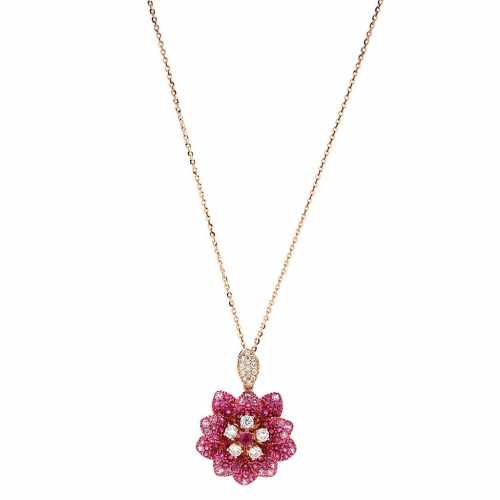 Ruby, Pink Sapphire and Diamond Mosaic Puffy Heart Pendant