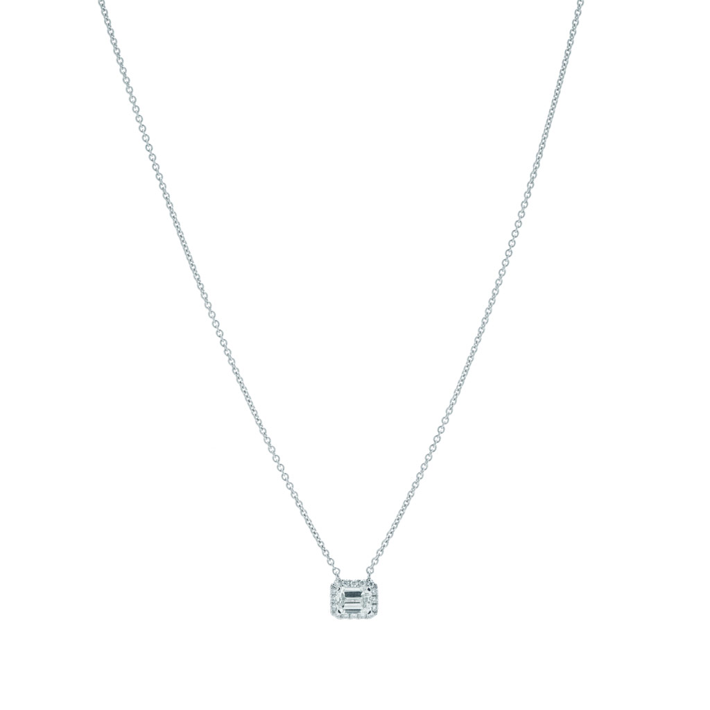 Emerald Cut Diamond Halo Necklace Set Horizontally | New York Jewelers ...