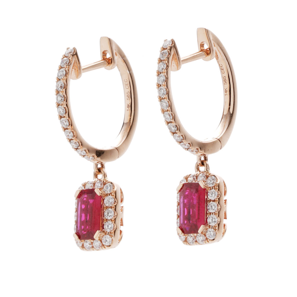 Emerald Cut Ruby and Diamond Halo Dangle Earrings in Rose Gold | New ...