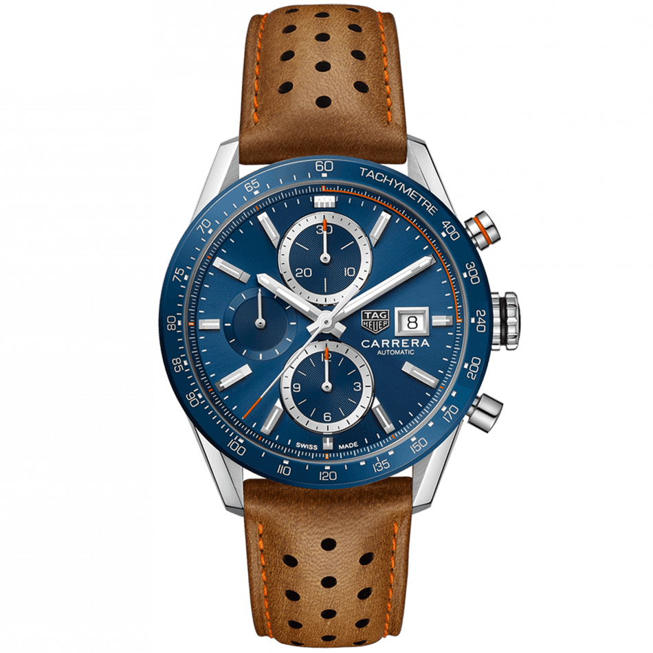 Tag Heuer Carrera Automatic Chronograph Blue Dial Brown Leather Strap 
