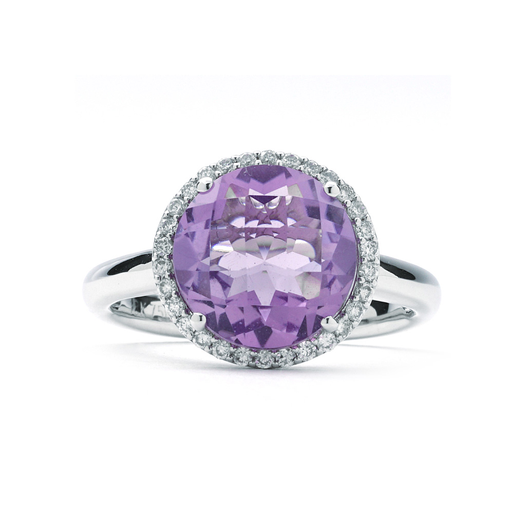 Round Cut Amethyst Diamond Halo Plain-Shank Ring | New York Jewelers ...