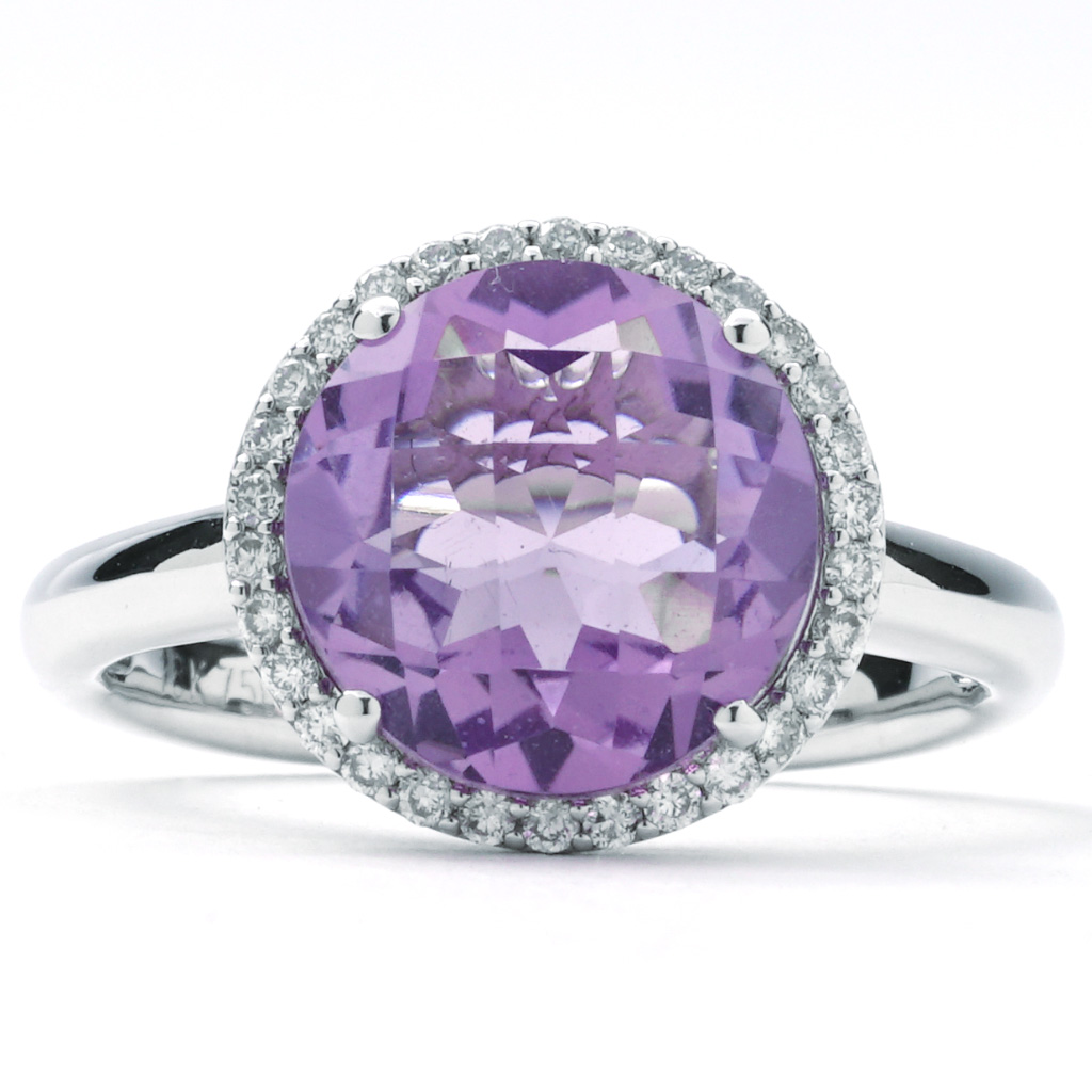 Round Cut Amethyst Diamond Halo Plain-Shank Ring | New York Jewelers ...