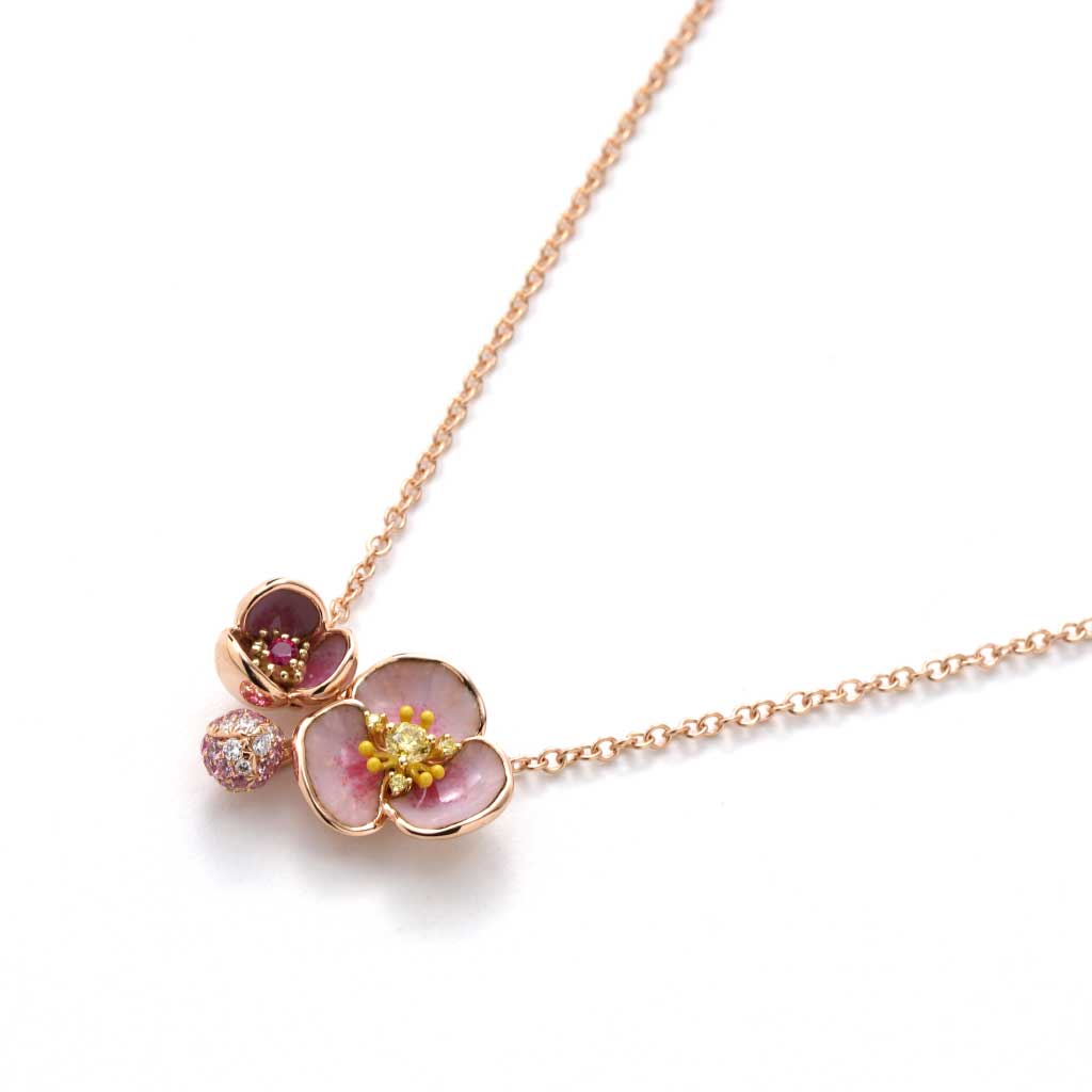 Rose Gold Enamel, Diamonds, and Rubies Flower Necklace in Rose Gold ...