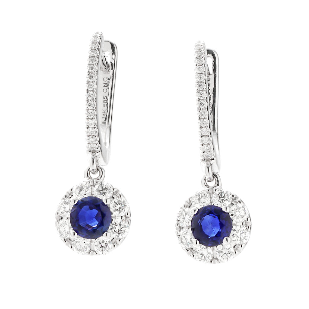 Sapphire and Diamond Halo Huggie Earrings in White Gold | New York ...