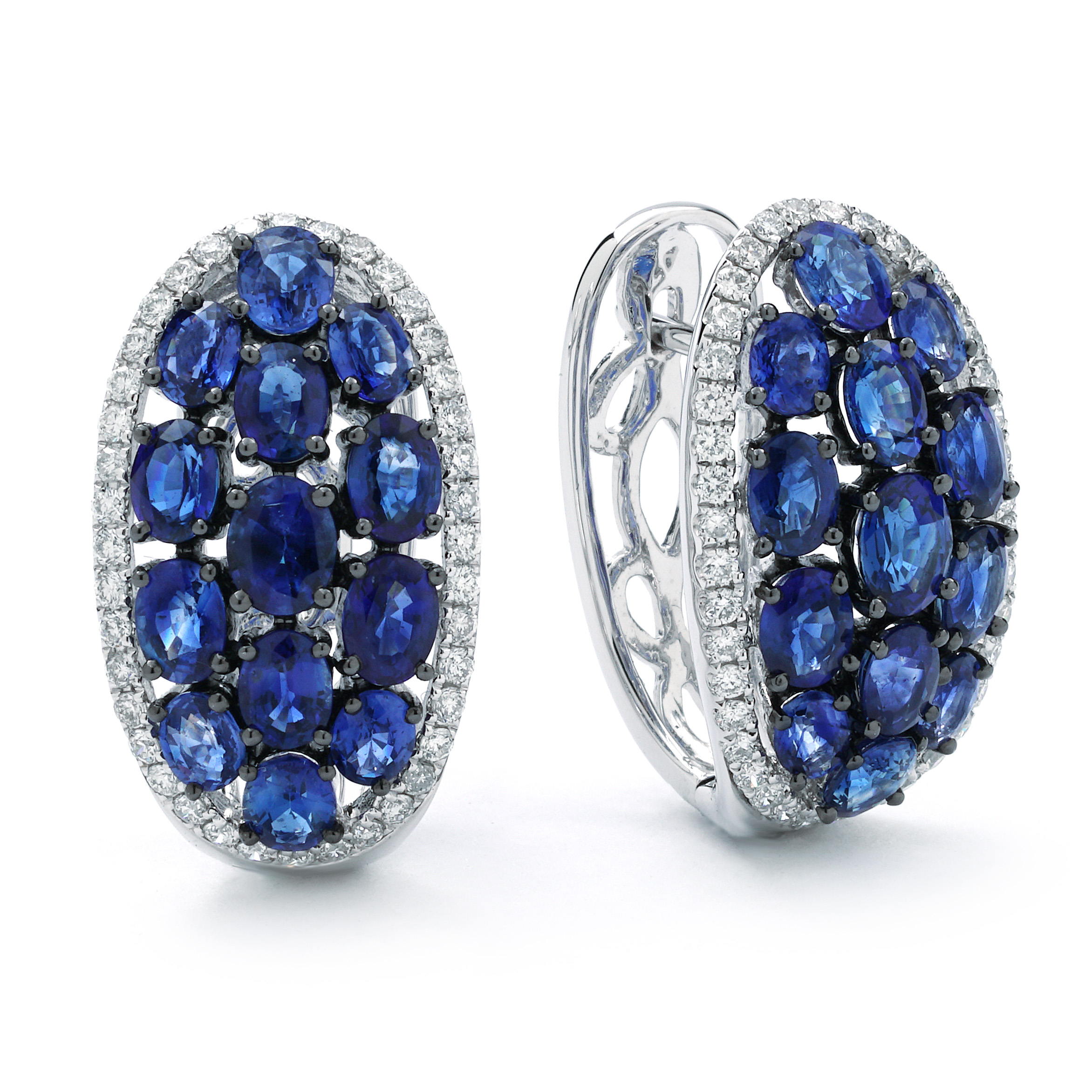 Large Pave Oval Sapphires & Diamond Halo Earrings in White Gold | New ...