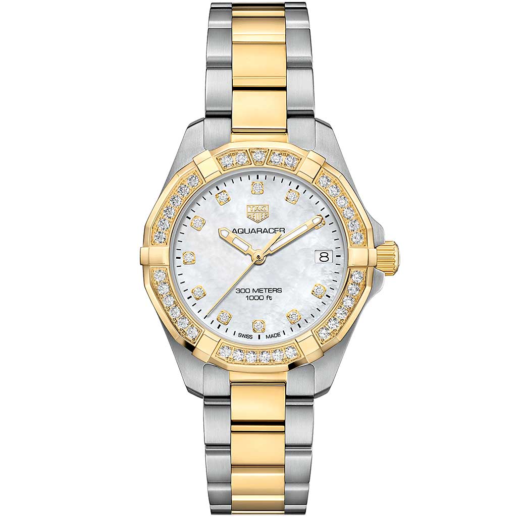 Tag Heuer Aquaracer Two Tone Diamond Bezel Diamond Mother Of Pearl Dial 