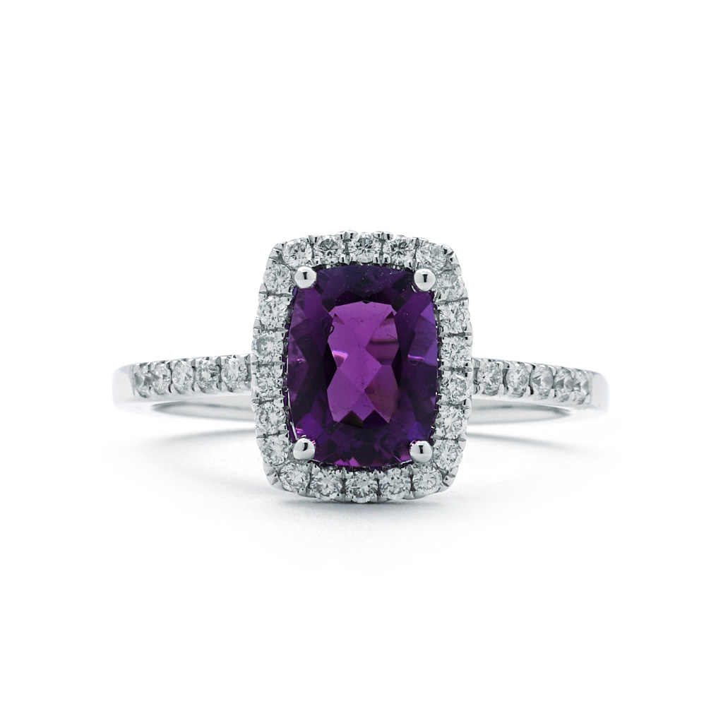 Cushion Cut Amethyst Diamond Shared Prong Set Halo Ring | New York ...
