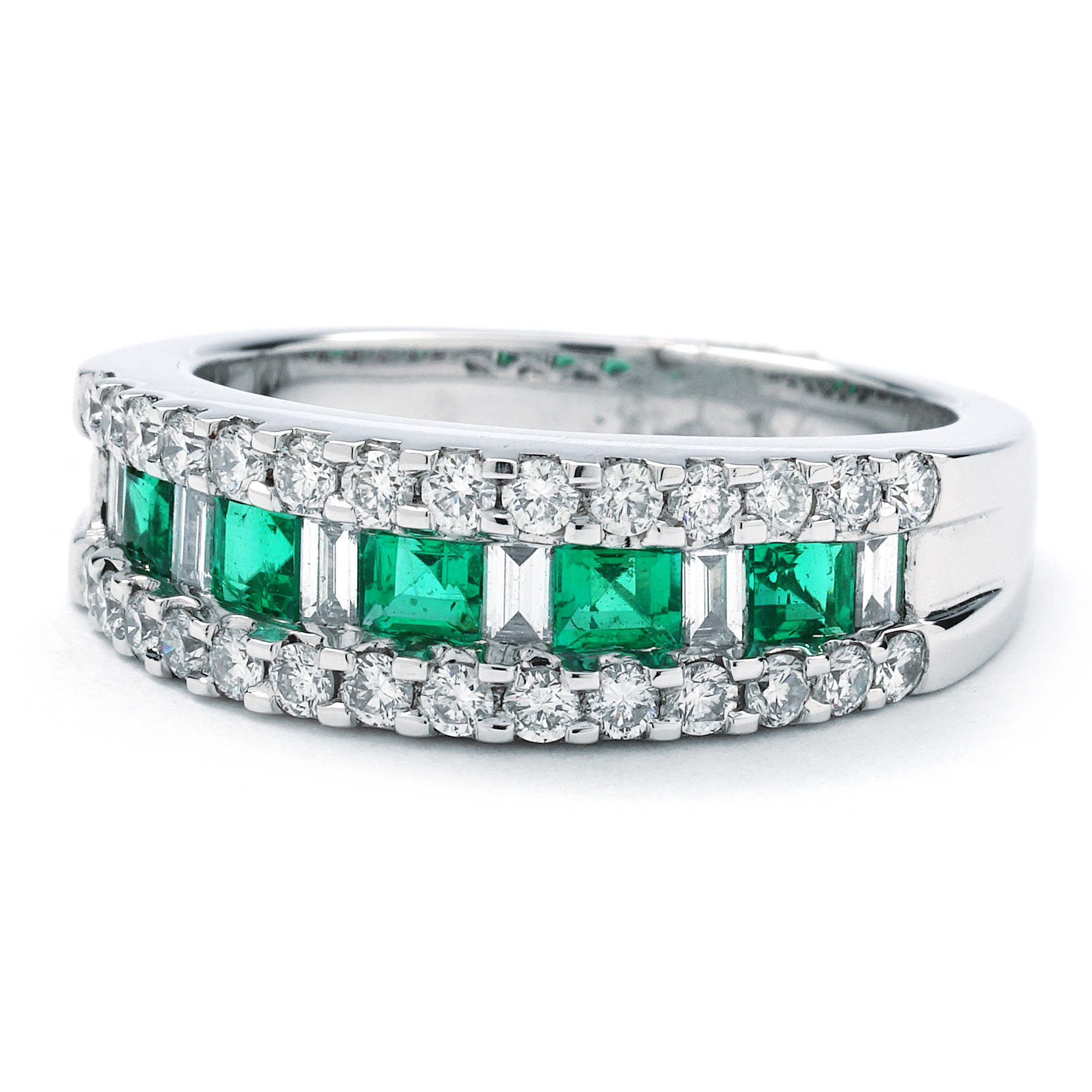 Alternating Emerald & Diamond Three Row Band in White Gold | New York ...