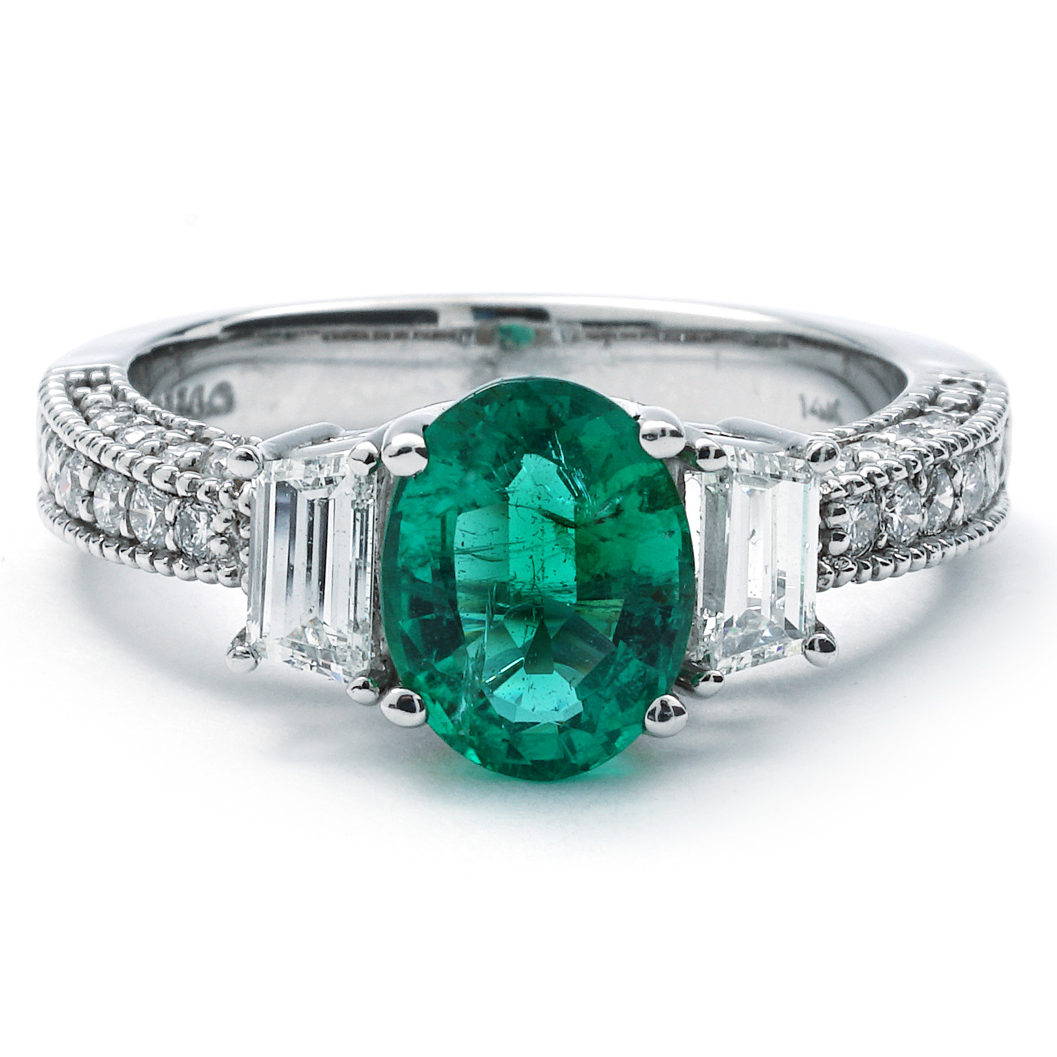 Three-Stone Emerald & Diamond Ring With Diamonds On Band | New York ...