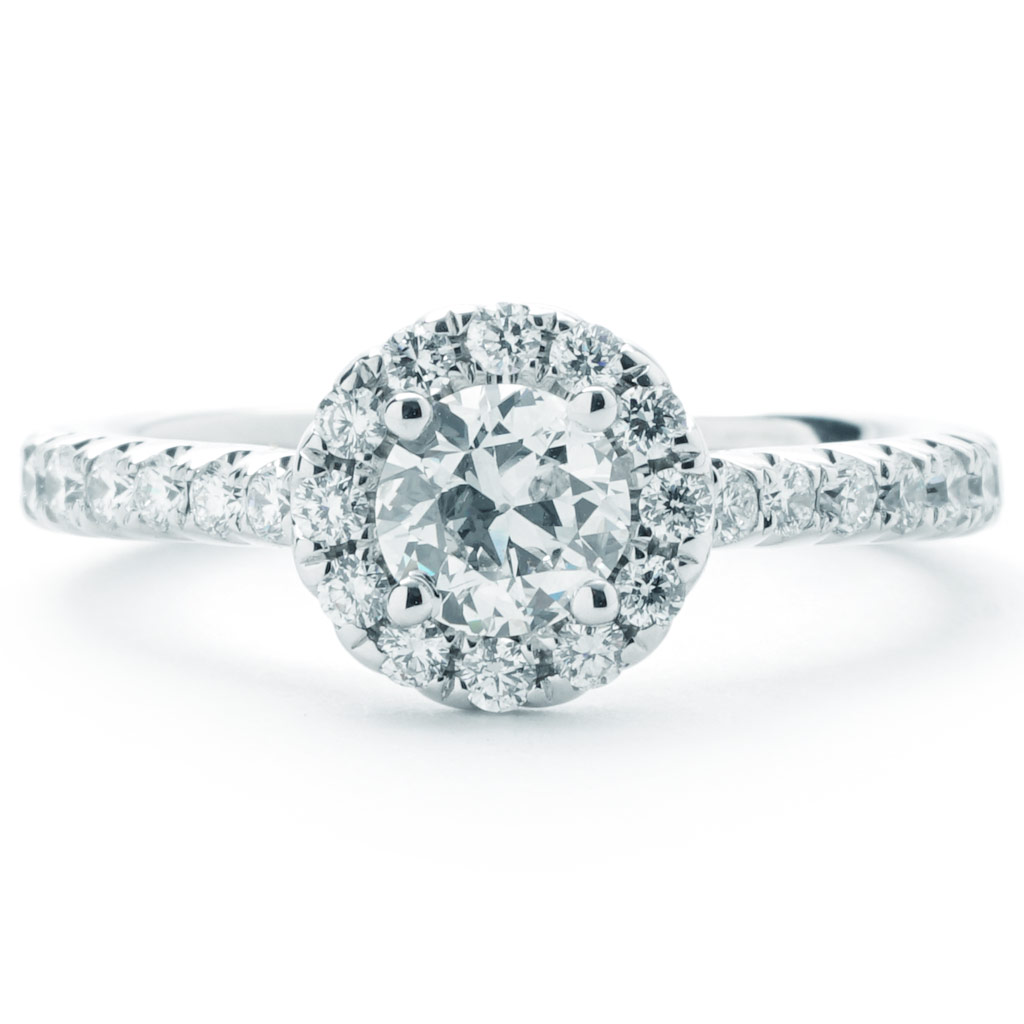 Round Diamond Halo Prong Set Engagement Ring (.50ct Center) White Gold ...