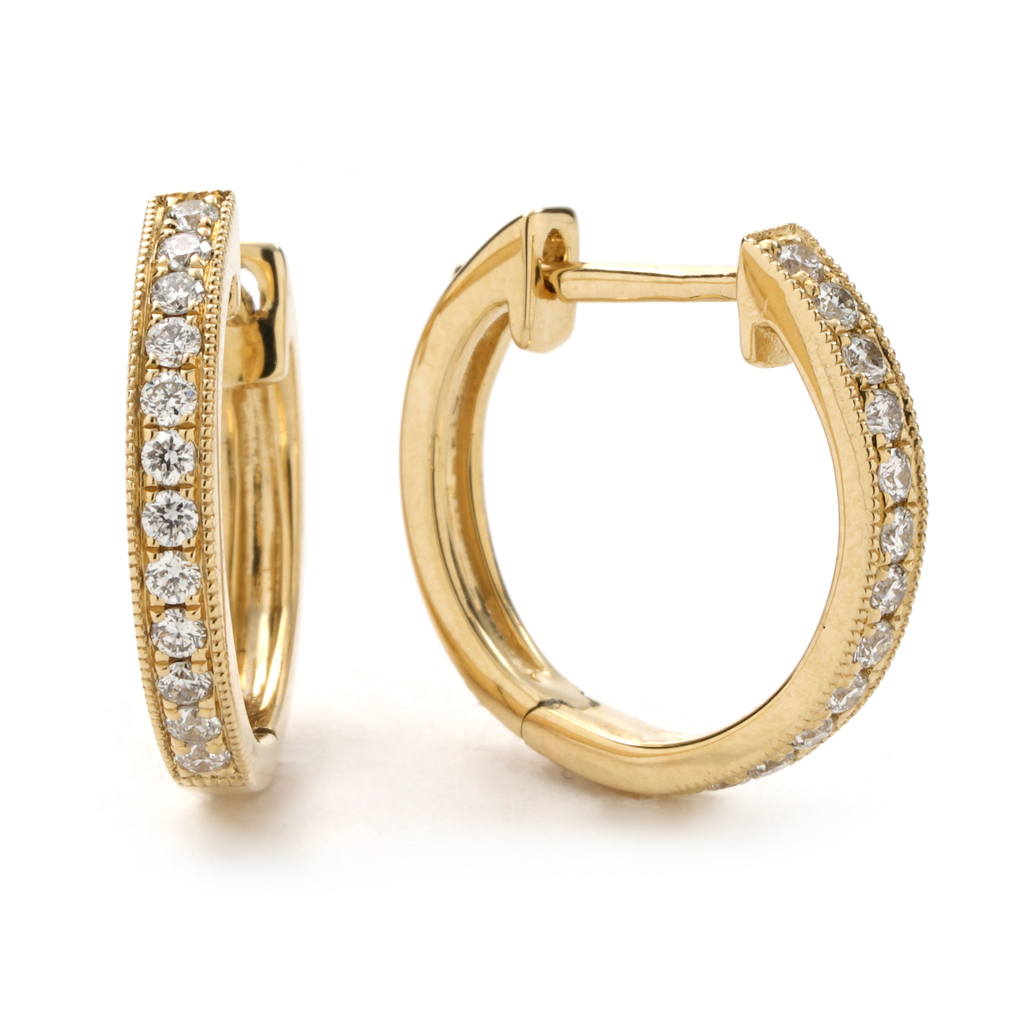 Small Milgrain Diamond Hoop Earrings in Yellow Gold | New York Jewelers ...