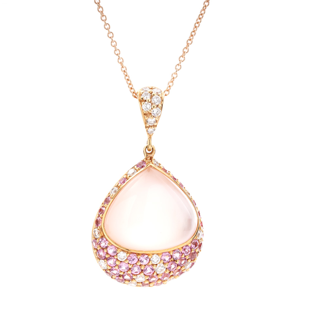 Mother of Pearl, Pink Sapphire, Quartz and Diamond Pendant Necklace