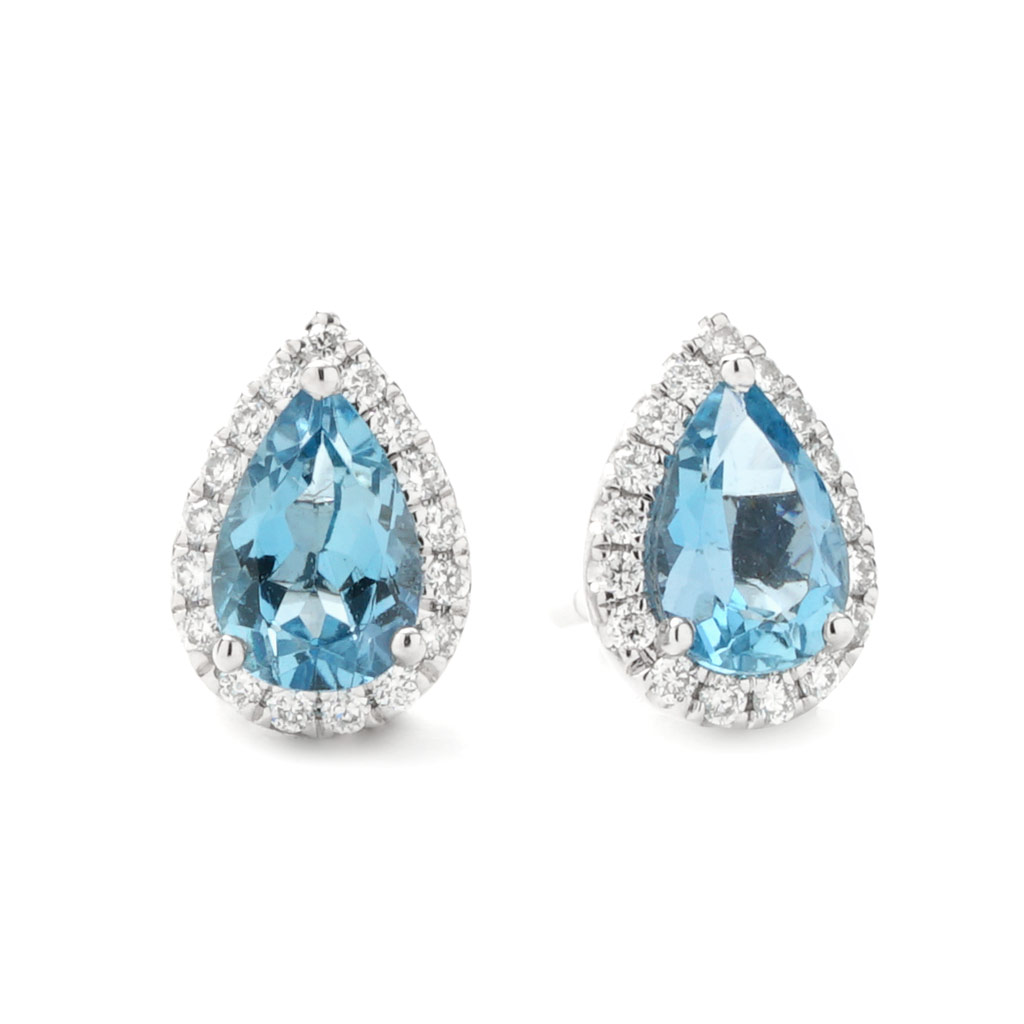 Pear Shaped Aquamarine and Diamond Halo Stud Earrings | New York ...