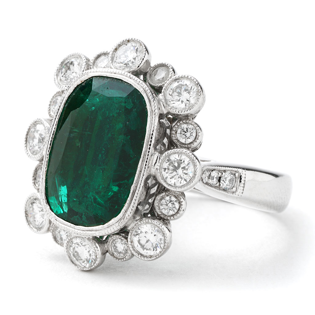 Cushion Cut 4.45ct Emerald Vintage Style Ring in White Gold | New York ...