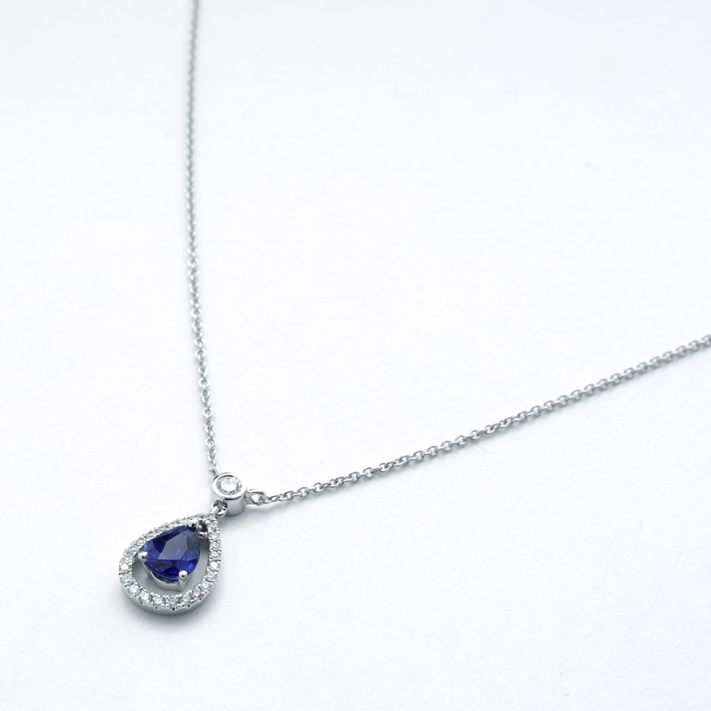 Pear Shaped Blue Sapphire & Diamond Halo Necklace