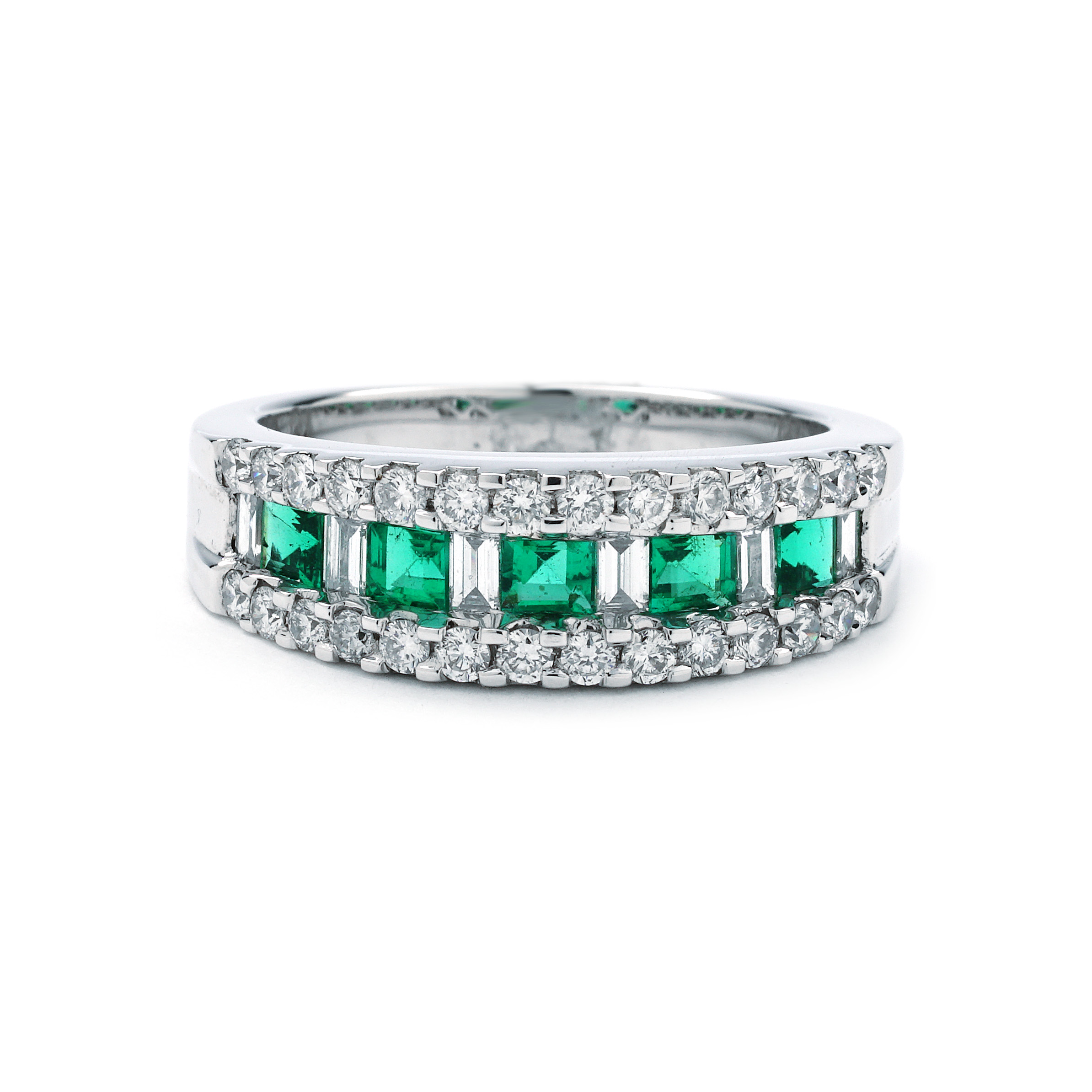 Alternating Emerald & Diamond Three Row Band in White Gold | New York ...